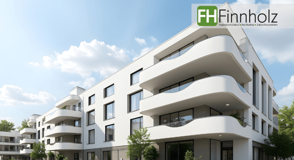 Bezahlbarer Wohnungsbau von FH Finnholz. Auch problemlos mehrstöckig möglich. In diesem Beispiel sind vier Stockwerke in Holzbauweise mit weißer Front abgebildet. 