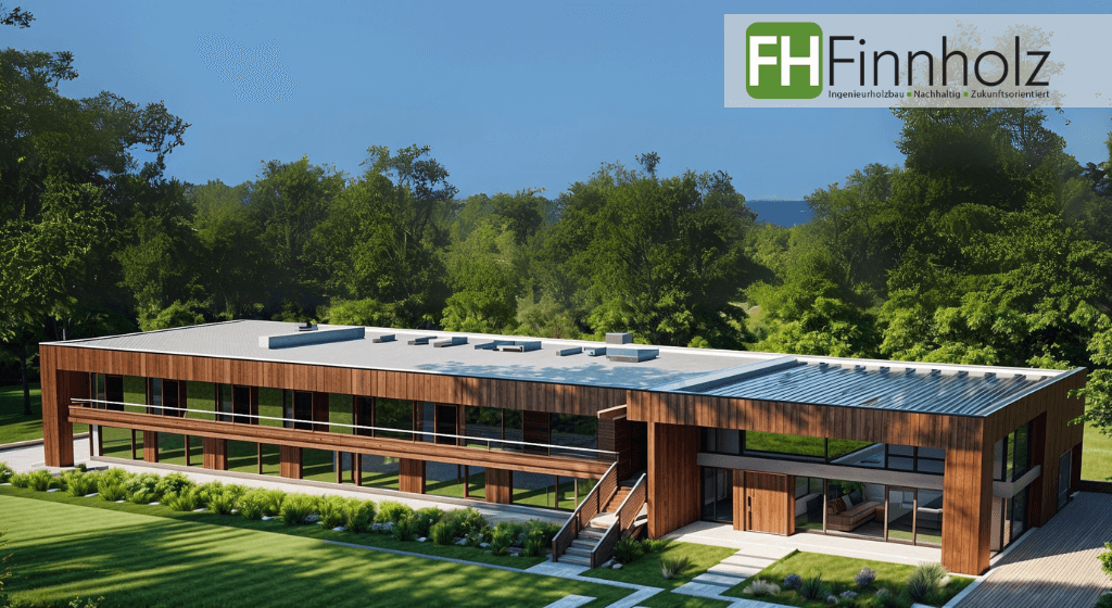 Kita Holzbau mit FH Finnholz. Ein 3D-Rendering-Bild einer Kita in Norddeutschland mit brauner Fassade in einer grünen Landschaft. Das Gebäude kann auch als Kindergarten (Holzbau) verwendet werden. 