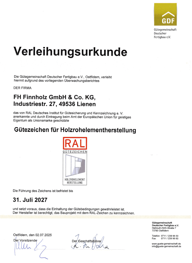 Abbild der Verleihungsurkunde "Gütezeichen für Holzrohelementherstellung" für die Firma FH Finnholz.