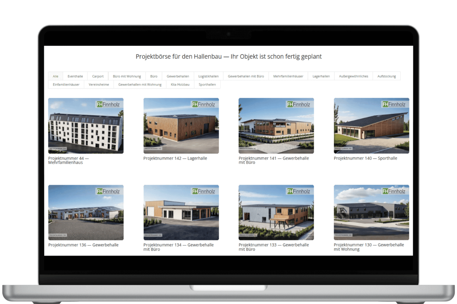 Ein Übersichtsbild unserer Projektbörse für vorgeplante Projekte, darunter Holzhallen, aber auch Mehrfamilienhäuser, Carports, Sporthallen etc.