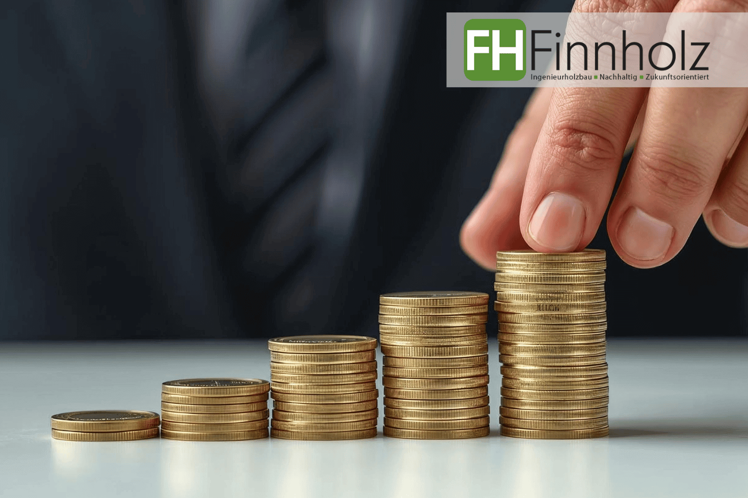 FH Finnholz berät Sie umfassend zu sämtlichen Förderungen und Fördermöglichkeiten zum Thema Sportstättenförderung. Auf dem Bild sind Geldmünzen zu sehen, die sich stapeln. Im Hintergrund ist verschwommen ein Mann im Anzug zu sehen. Das Bild symbolisiert das Thema Förderung.