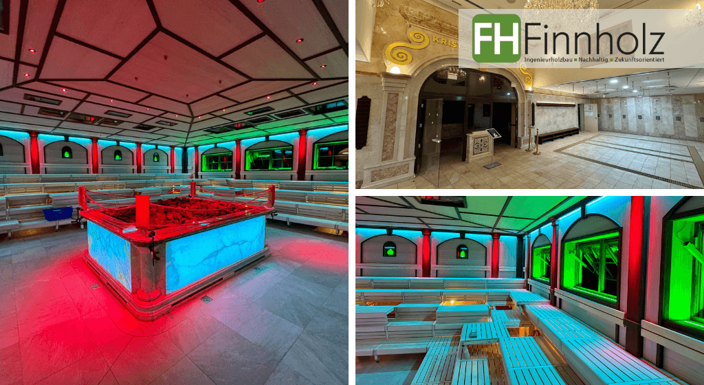 Innenansicht - Sauna in Ludwigsfelde Innenansicht zum Projektabschluss der riesigen Sauna mit 412 m² Grundfläche in Ludwigsfelde (bei Berlin). Das Bild die Saunabänke, Öfen und Duschen, die im Gebäude errichtet wurden.