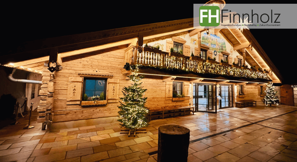 Projektabschluss - Sauna in Ludwigsfelde Zweite Aussenansicht zum Projektabschluss der riesigen Sauna mit 412 m² Grundfläche in Ludwigsfelde (bei Berlin). Das Bild zeigt die moderne Holzkonstruktion zur Weihnachtszeit.