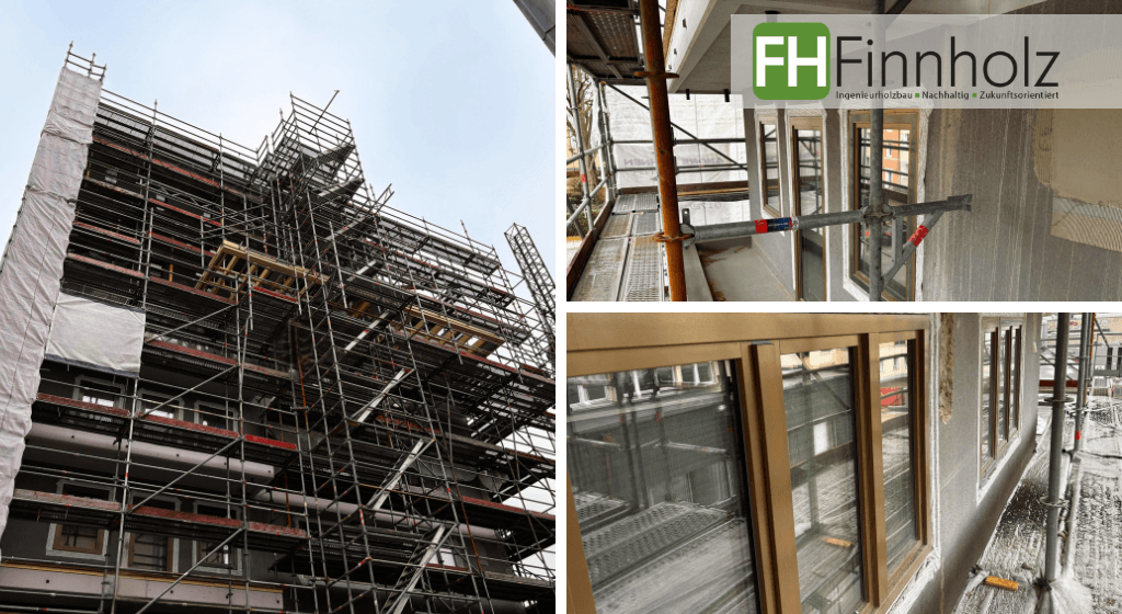 Baustellenupdate Aufstockung in Düsseldorf Das Bild zeigt den aktuellen Stand der Aufstockung in Düsseldorf. Die zwei neuen Stockwerke sind eindeutig zu erkennen und die neuen Fenster im Bestandsbau sind auch schon verbaut.