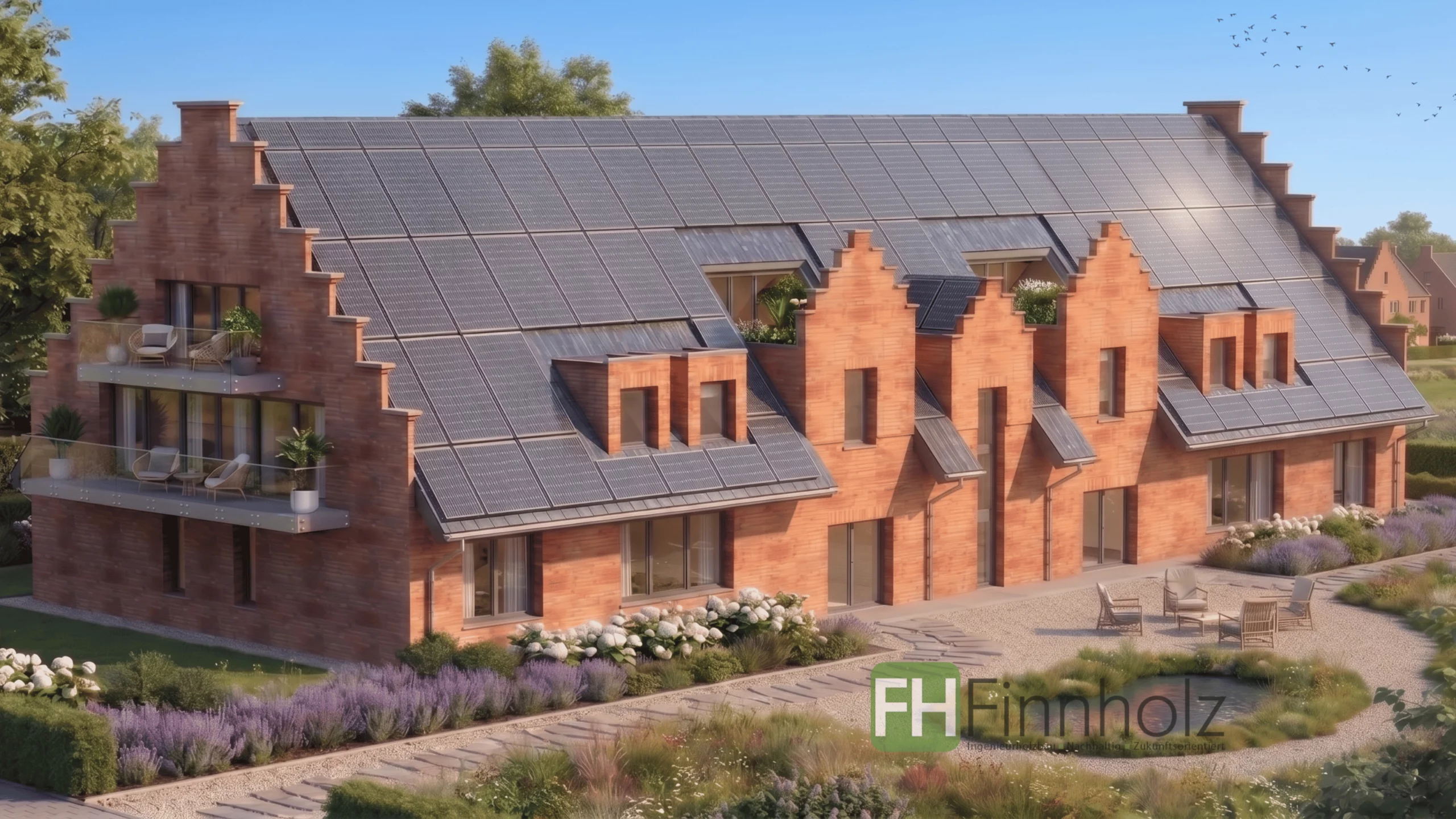 Altersgerechter Wohnungsbau - Bild 1 Altersgerechter Wohnungsbau in Kempen: Das Bild zeigt ein 3D-Modell des Gebäudes als Außenansicht. Das Dach ist durchgängig mit Photovoltaikanlagen ausgestattet. Die drei Etagen bieten viel Wohnraum für die künftigen Bewohner und Bewohnerinnen.
