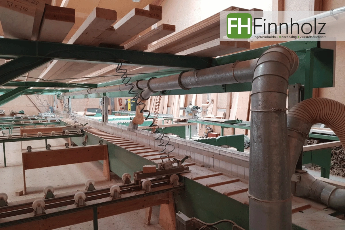 Plattensägen von FH Finnholz Das Bild zeigt die Plattensäge für Längen bis zu 16 Meter, die FH Finnholz 1995 angeschafft hat.