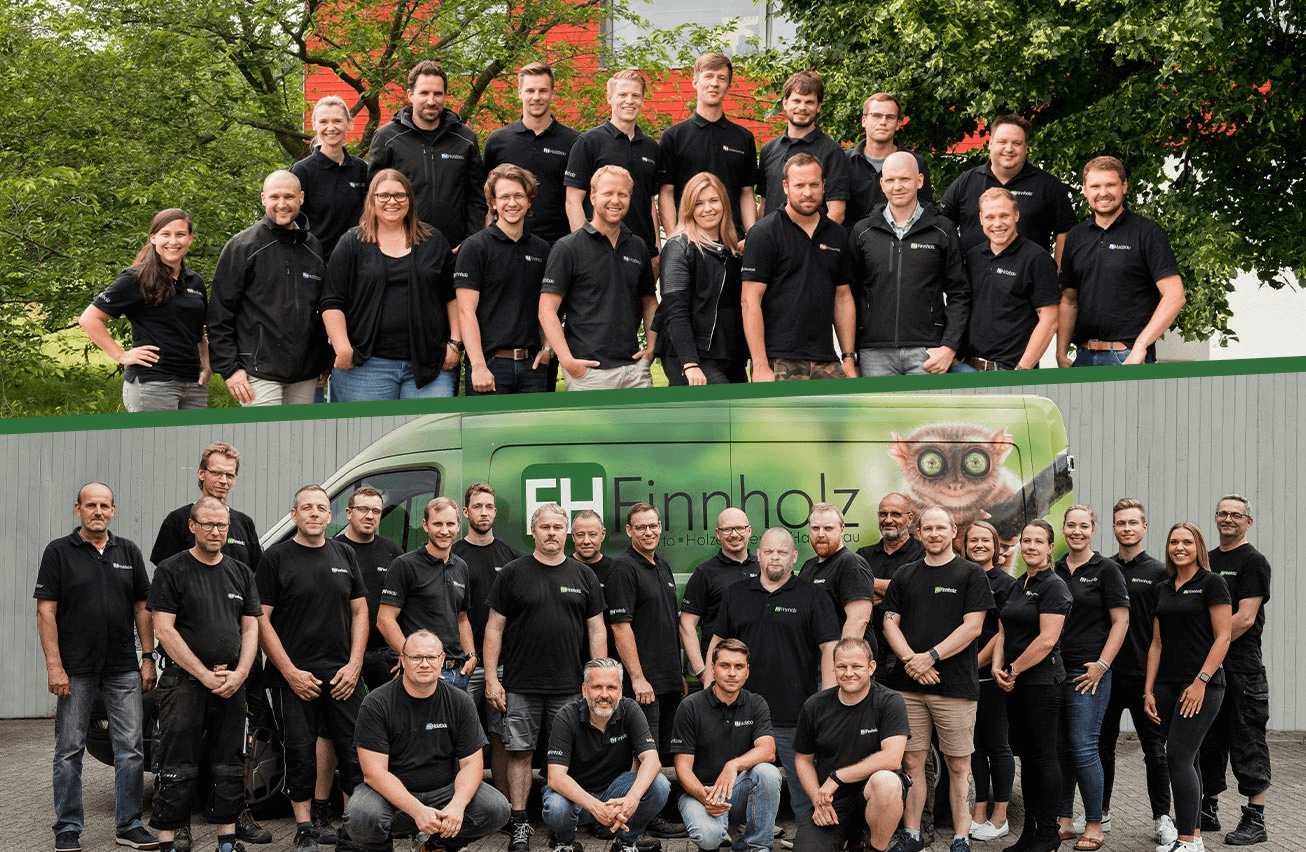 Fotocollage mit zwei Gruppenaufnahmen des Teams von FH Finnholz. Wir sind Ihr Generalplaner und ganzheitliches Bauunternehmen.